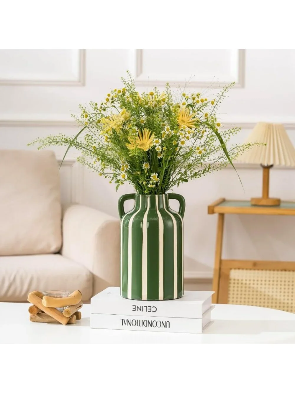 Modern Farmhouse Striped Ceramic Vase with Handles, 9.1